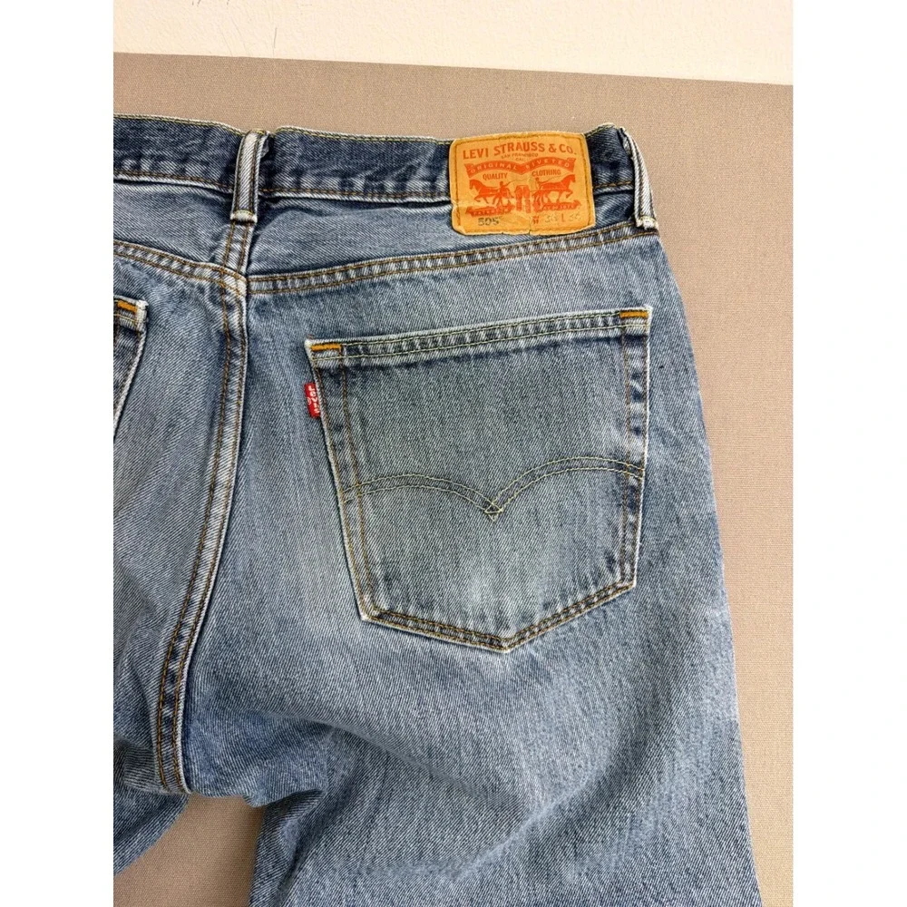 Levis 505 Regular Fit Straight Leg Jeans Light Wash Blue Distressed Mens 36x34